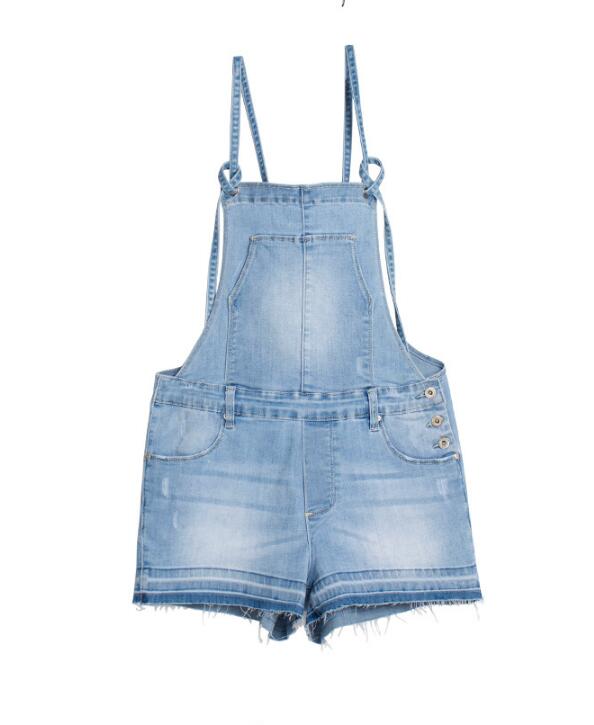 SZ60208 High Waisted Solid Denim Romper Shorts in Light Blue